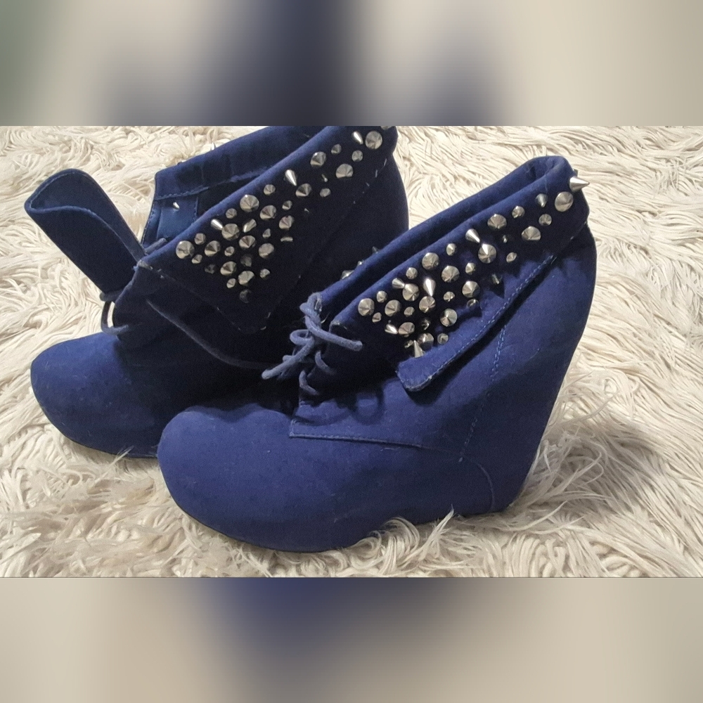 Glaze Royal Blue Suede Wedge Boots with Silver Studs
